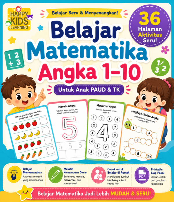 Belajar Matematika Angka 1–10 | 36 Halaman Aktivitas Seru untuk Anak PAUD & TK